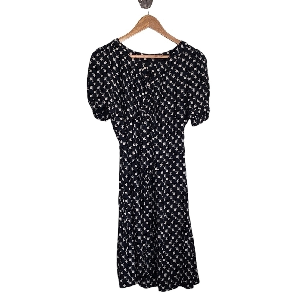 Polka dot print black short sleeve midi dress